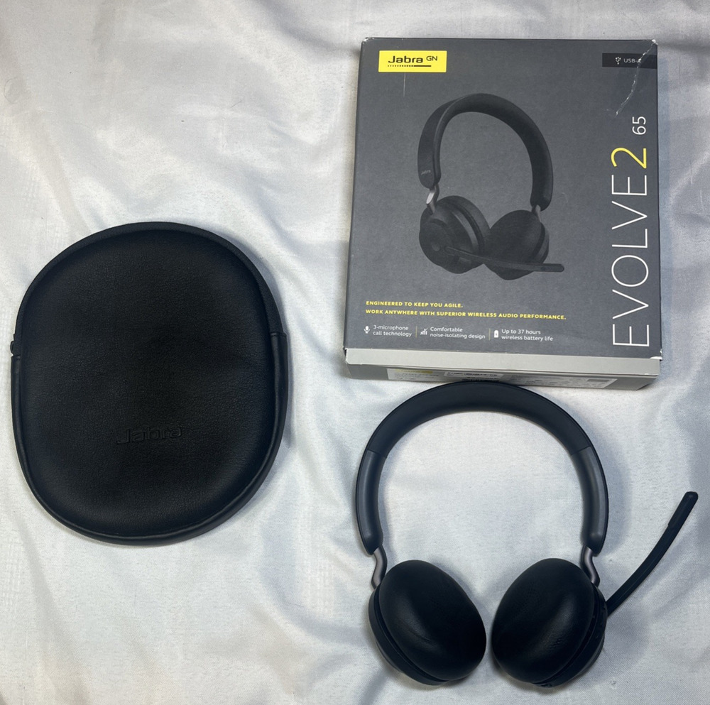 Jabra Evolve2 65 UC Wireless Bluetooth Headset w/ Box & Case Black NO USB DONGLE